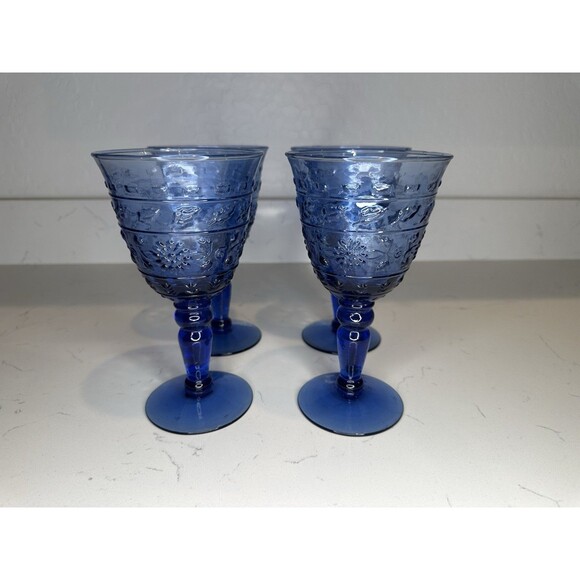 Set of 4 Cobalt Blue Pressed Glass Goblets Vintage-Style Floral Pattern - Picture 1 of 4